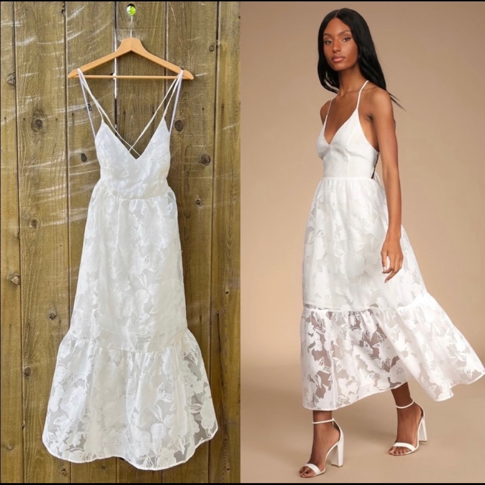 Lulus Feeling Like Forever White Jacquard Organza Backless Lace-Up Midi Dress